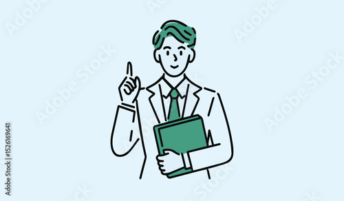 Professional Man Illustration: Doctor, Scientist, or Consultant Explaining with Clipboard & Raised Finger

