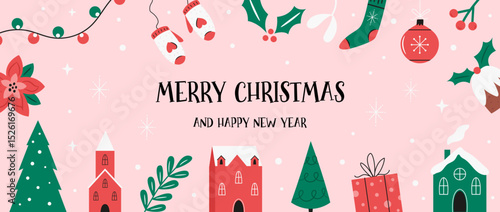 Horizontal Christmas Banner, Template with Buildings, Gifts, Trees, Candy Canes and Holiday Icons