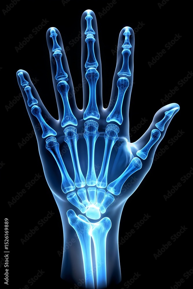 Naklejka premium Human Hand Bones X Ray View on Black Background for Medical Illustration