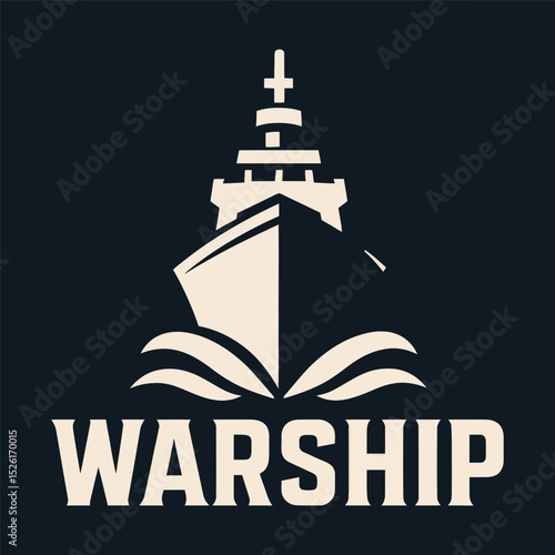 Powerful warship badge with waves and shield, vector illustration.