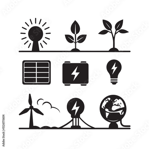 Renewable energy sources icons set black and white
