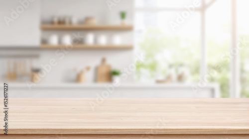 Fotografie Empty light wood tabletop in front of a bright, softly blurred kitchen interior with shelves, utensils, and natural window light