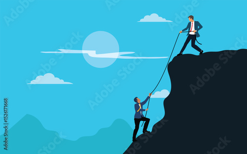 Businessman helping each other hike up a mountain at sunrise background. Business, teamwork, success, achievement and help concept.vector, illustration