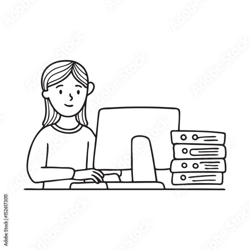 Office employee typing beside a tall folder stack