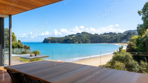 Tropical beach scenery from modern structure perspective serene ocean coastline view
