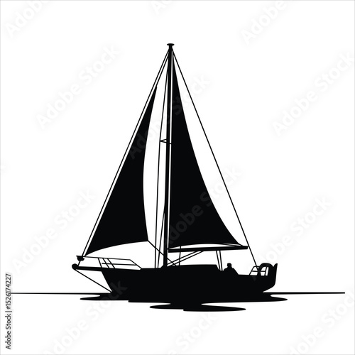a classic sailing boat with tall mast and sails, floating on calm water