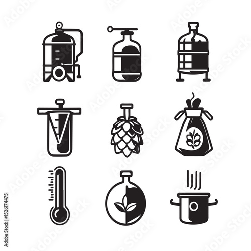 Brewing process icons craft beer equipment and ingredients