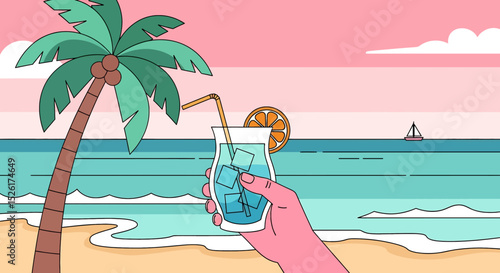 Refreshing flat vector illustration: A hand holds a cocktail with an orange slice and straw, set against a summer beach scene with a palm tree, ocean, and sailboat at sunset