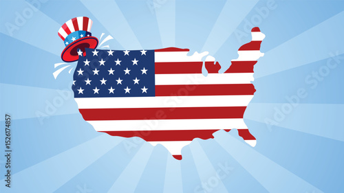 USA map with flag colors and Uncle Sam hat representing national unity and patriotism