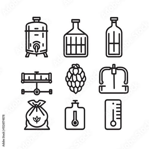 Brewing equipment and ingredients icons set
