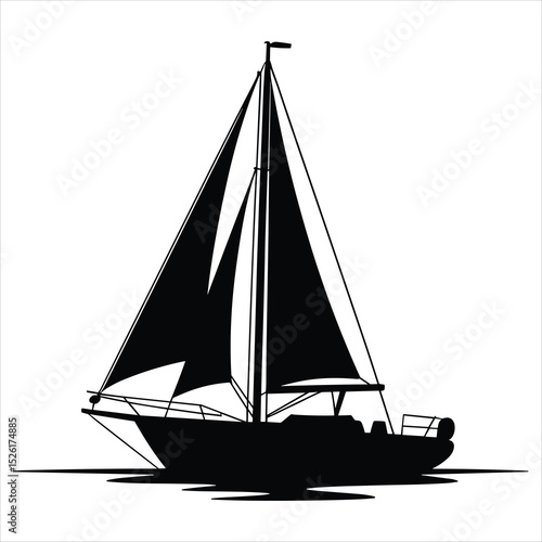 a classic sailing boat with tall mast and sails, floating on calm water