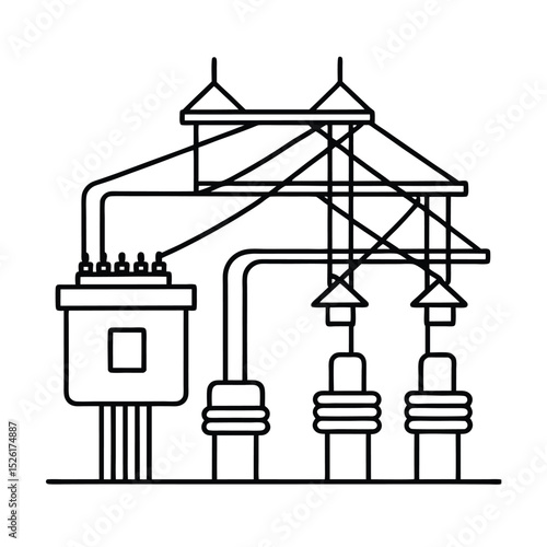 Simplified line art of power substation illustrating electrical energy distribution and infrastructure