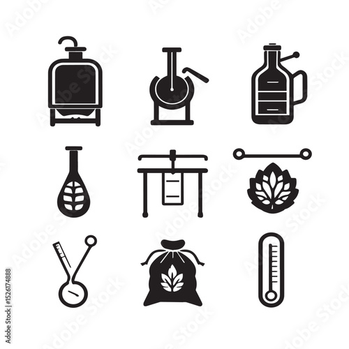 Hop brewing process icons black glyphs set