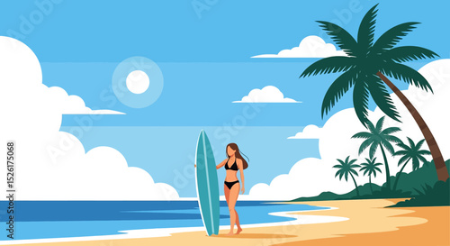 Vibrant flat vector illustration of a fit woman in a bikini holding a surfboard on a sunny beach, surrounded by palm trees and birds under a blue sky. Perfect for summer, surf, and travel themes