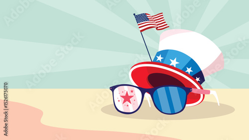 Patriotic sunglasses and hat on beach with American flag for summer celebration vibe