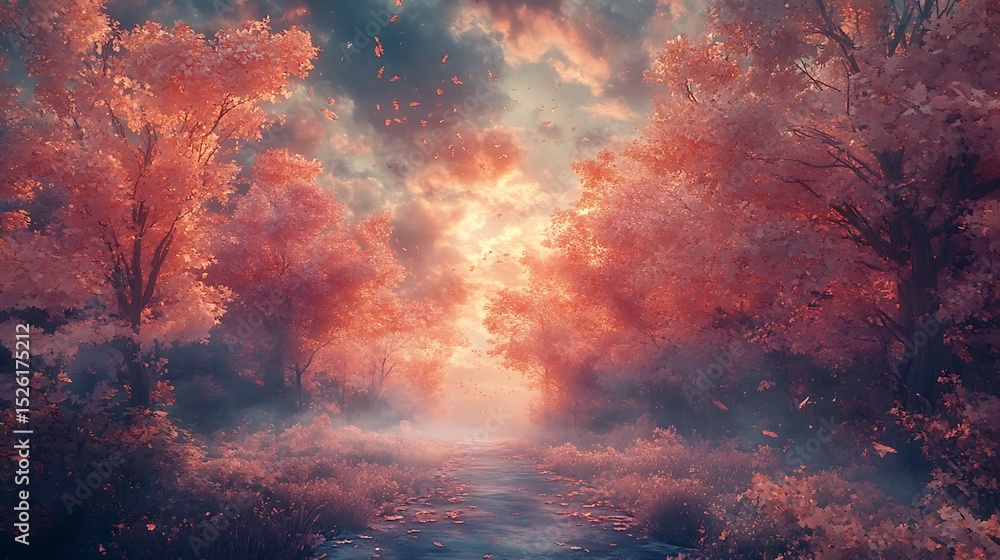 Naklejka premium Ephemeral pathway enveloped by autumnal flora under a dreamy sky tableau