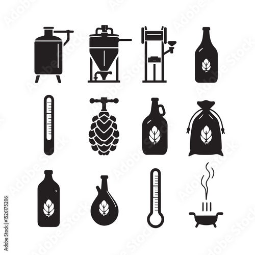 Brewing process icons equipment and ingredients