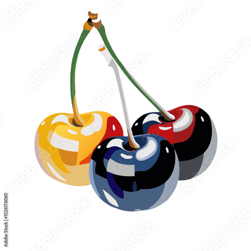 Cherries with glossy finish in colorful design, vector illustration on transparent background
