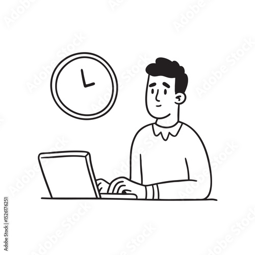 Staff member typing next to a wall clock