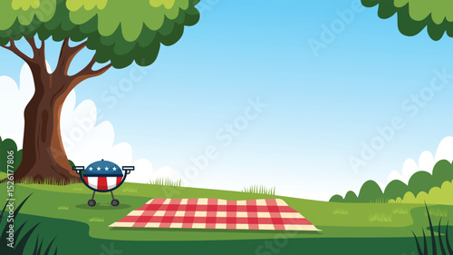 Picnic blanket and BBQ grill under tree in patriotic summer park scene