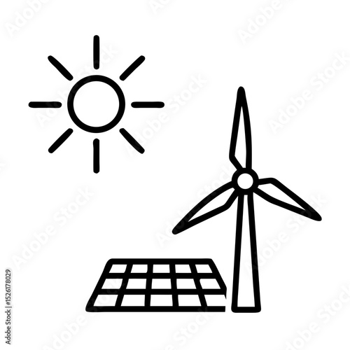 Solar panel and wind turbine with sun outline on white background  