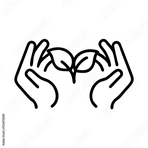 Hands holding green leaves in minimal line art style  