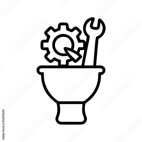 Tools and gear icon in a mortar for repair or manufacturing tasks  