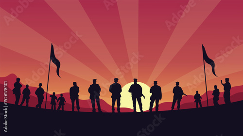 Silhouettes of soldiers with flags at sunset honoring American military pride