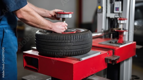 High-Precision Tire Balancing Machine in Action: Mechanic Calibrating for Optimal Vehicle Performance
