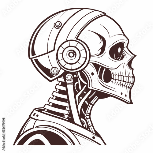 Line Art Illustration of a Cybernetic Skull with Mechanical Components