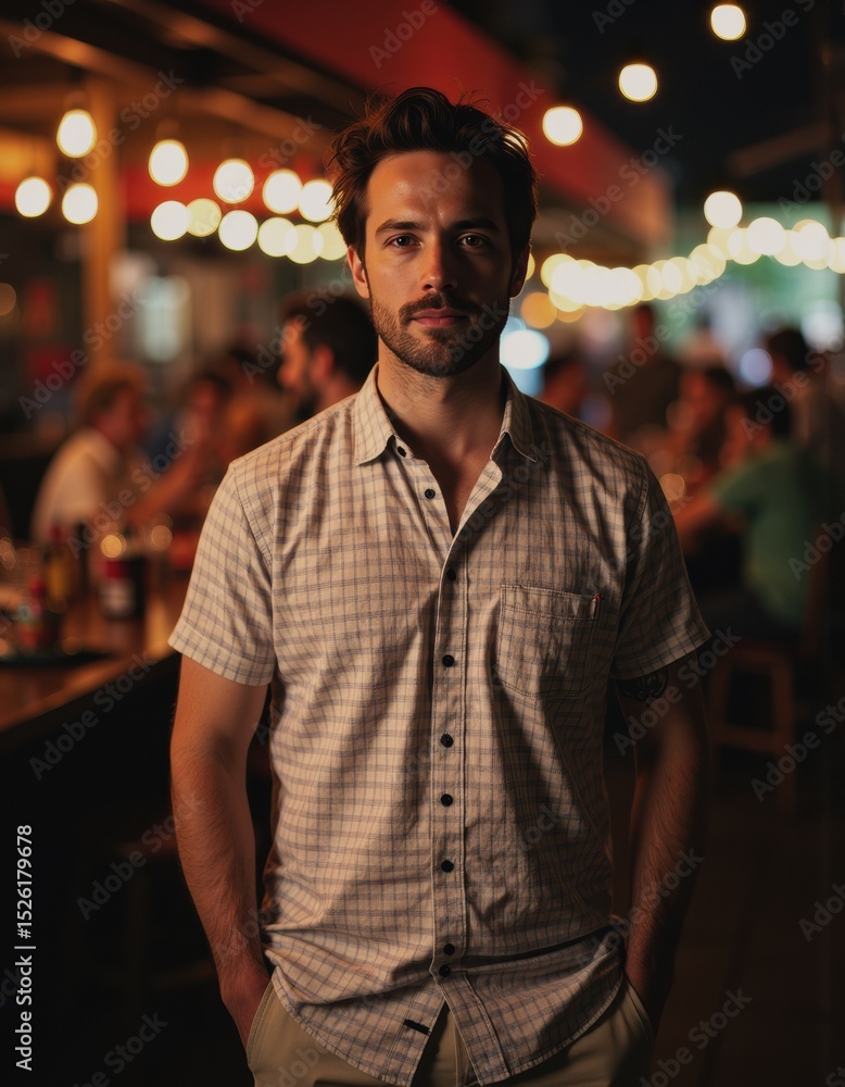 Fototapeta premium Barbecue party guest in a casual shirt enjoying the evening atmosphere