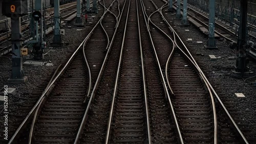 Curved railway tracks converging in a bustling urban area