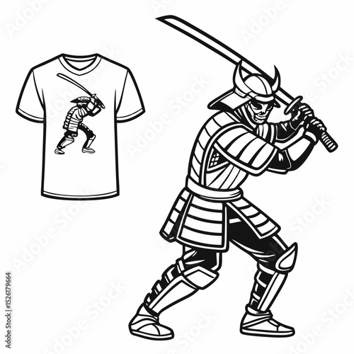 Monochrome Samurai Warrior with Katana and T Shirt Design for Apparel