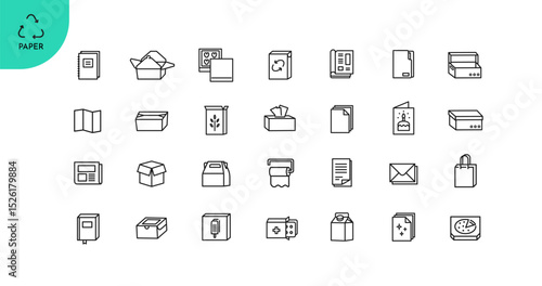 Paper recycling icon set in line style. Editable stroke. Pictogram collection for web design and mobile interface. Paper packaging, box, book, carton, etc. Environment and sustainability. Vector