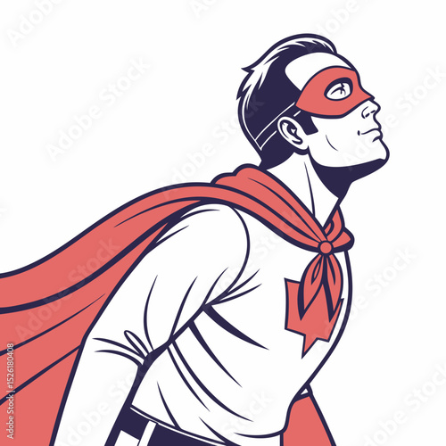 Vintage Superhero Illustration with Red Cape and Mask Looking Upward