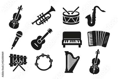 Silhouette icons of musical instruments on dark background