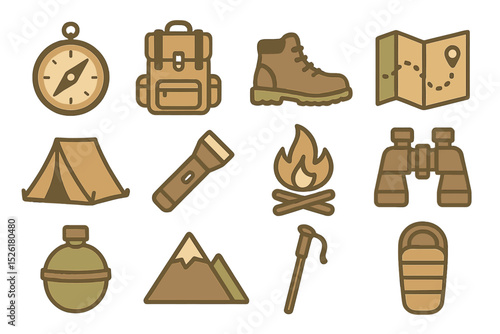 Camping adventure icons: compass, backpack, hiking boots, map, tent, flashlight, campfire, binoculars, canteen, mountain, walking stick, sleeping bag