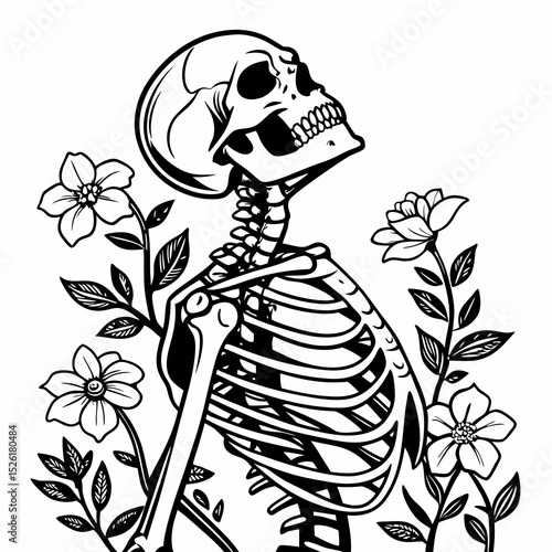Black and White Skeleton Surrounded by Flowers Looking Upward