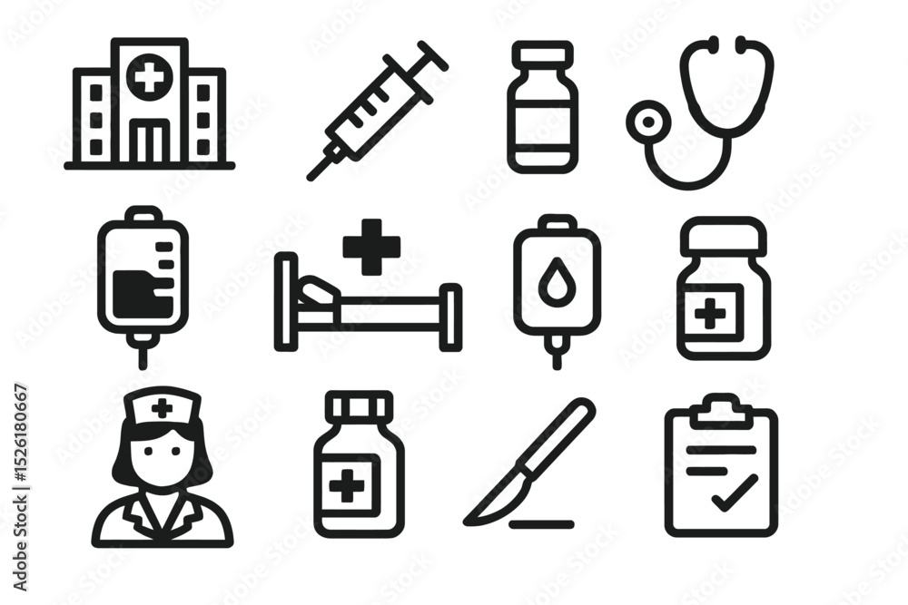 Medical icons: hospital, syringe, medication, stethoscope, nurse, and surgical tools Medical icons: hospital, syringe, medication, stethoscope, nurse, and surgical tools