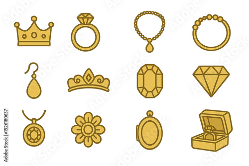 Elegant gold jewelry icons: crowns, rings, necklaces, gems, earrings