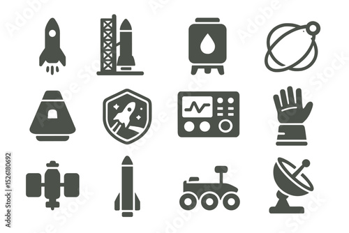 Space exploration vector icons set: rocket, satellite, and more