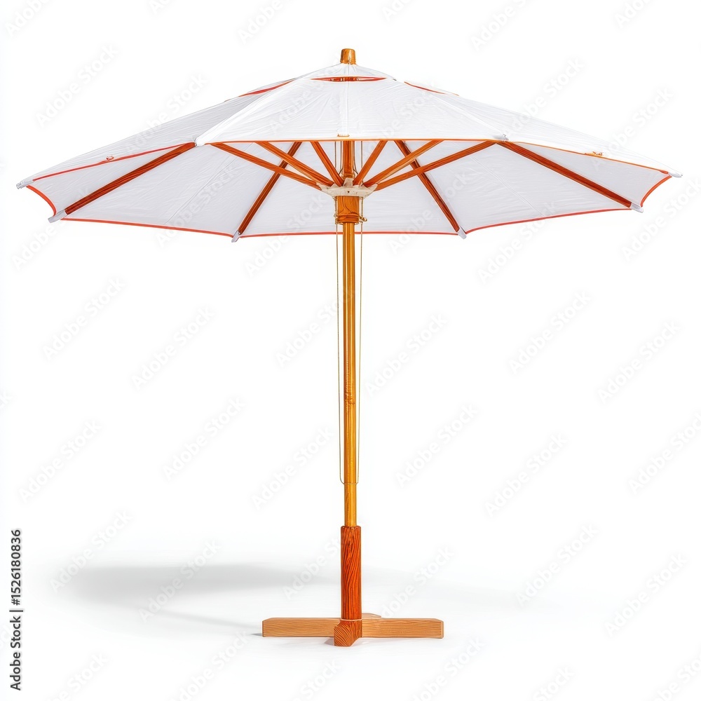 White Wooden Patio Umbrella with Orange Trim on White Background White Wooden Patio Umbrella with Orange Trim on White Background