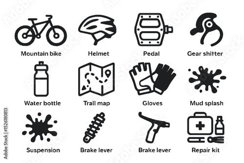 Mountain bike essentials: gear, accessories, and equipment icons