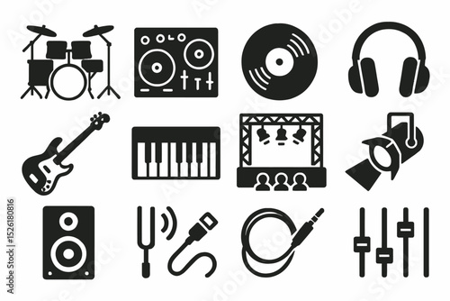 Music production icons: instruments, equipment, and audio tools