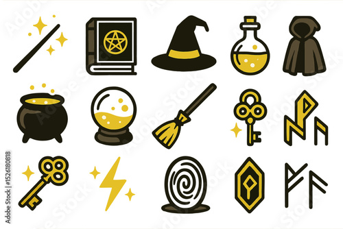 Magic icons: wand, potion, wizard hat, cauldron, crystal ball, key, broom, cloak, runes