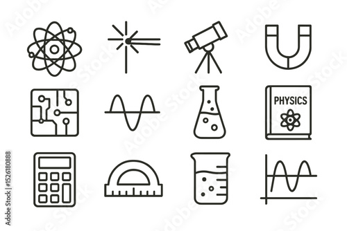 Scientific icons: atom, magnet, telescope, circuit, and more on brown background