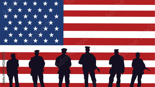 Police and service silhouettes in front of waving American flag