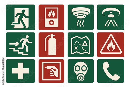 Emergency safety icons: exit, fire alarm, smoke detector, sprinkler, map, gas mask, and more