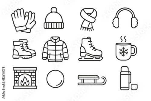 Winter essentials: gloves, hat, scarf, ear muffs, boots, jacket, skates, mug, fireplace, sled, thermos