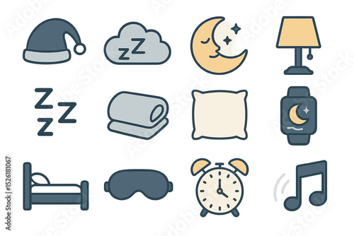 Sleep icons: bedtime, moon, pillow, alarm, music, sleeping hat, lamp, relaxation